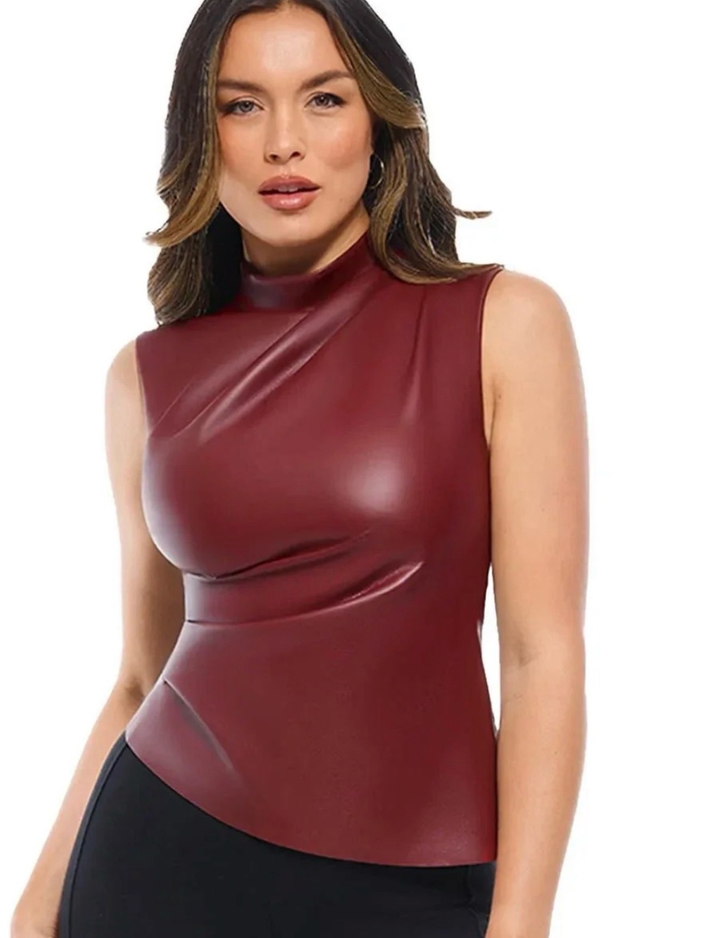 Mock Neck Sleeveless Vegan Leather Camisole/bodysuit in Burgundy